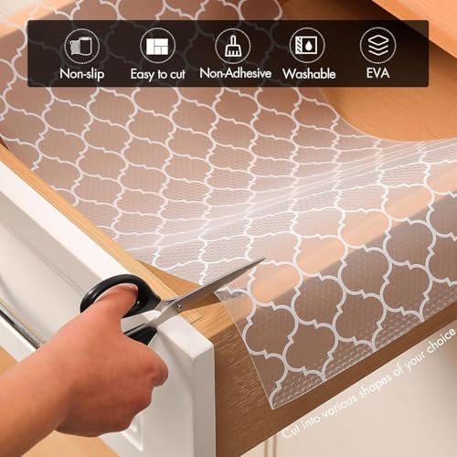 Image of EVA Fridge Shelf Liner Roll, Washable Drawer Mat Sheet, Cut-to-Size Cabinet & Refrigerator Shelf Protector, Food Contact Suitable Multipurpose Kitchen Table Liner Roll, 3 Meter (White Grid)