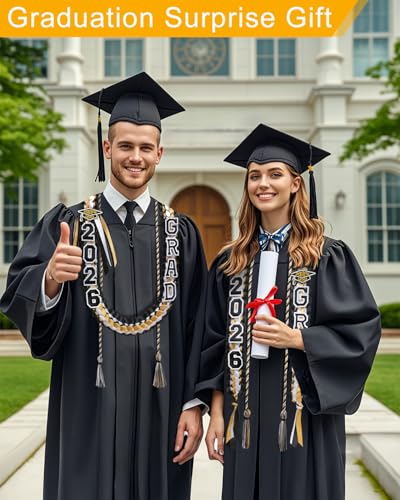 Image of Yigney Graduation Lei Set Class of 2026 Grad Ribbon Leis with Honor Cord Double Braided Graduate Leis for Men Women Black Gold White