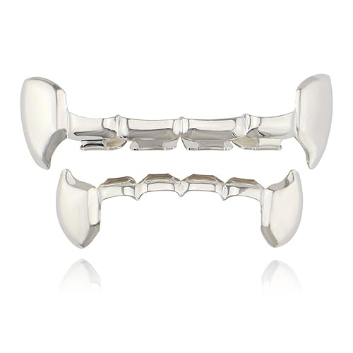 OOCC 18K Gold Plated Hip Hop Teeth Grillz Caps Iced Out CZ Top and Bottom Vampire Fangs Grillz for Your Teeth - Silver