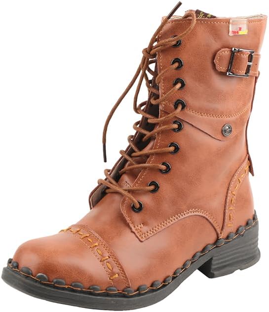 TMA EYES Women's Clasical Lace-Up Zipper Breathable Lining Flat with Hand-stitched Mid-calf Boots