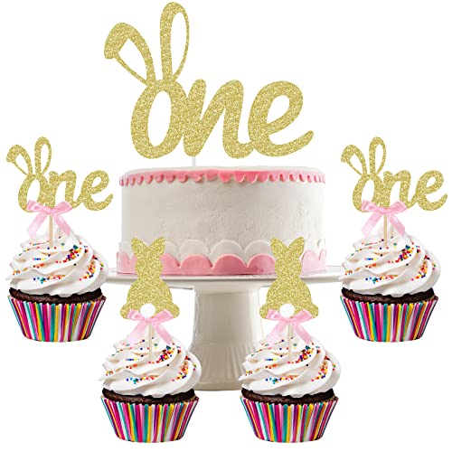 Gold Glitter Some Bunny is One Cake Topper and 24Pcs Some Bunny is One Cupcake Toppers, Some Bunny is One Birthday Party Supplies, Bunny Easter 1st Birthday Cake Decorations Supplies