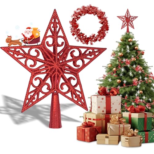 AMSNINK Weihnachtsbaumspitze Stern Rot mit Girlande 20cm...