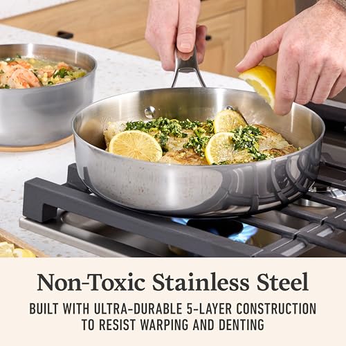 Image of Calphalon Premier Polished 5-Ply Stainless Steel Cookware Set w /Turbo Heat Tech 12 Piece Includes Frying Pans, Pots and Pans Set, Induction, Oven Safe 500F, PFOA Free, Polished Stainless Silver