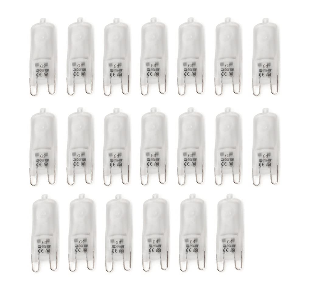 Pack of 20 HaloPin Halogen Socket Bulbs, G9 Base, Dimmable, 28 Watt, Replacement for 28 Watt, 35° Beam Angle, Warm White - 2700 K Frosted