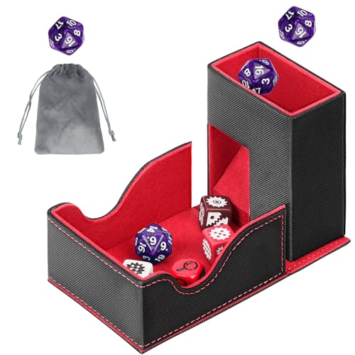 Dice Roller Tower, Magnetic Dice Tray for Rolling, Foldable Leather Dice Organizer Tower Fits for Dungeons & Dragons, MTG DM and Player, Black & Red