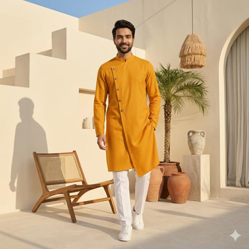 Image of OOMPH! Men's Ethnic Traditional Asymmetric Kurta Polycotton Regular Fit | High Neck Full Sleeves | Traditional Indian Festive Kurta | Stylish Casual and Wedding