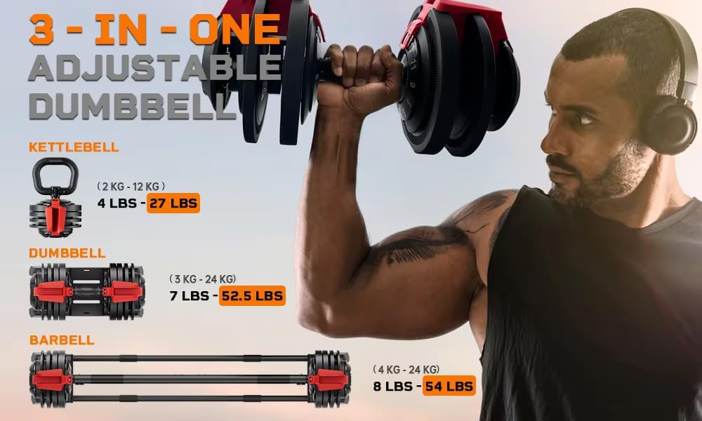 3-in-1 Adjustable Dumbbell Set 24KG – Converts to Kettlebell & Barbell – 12 Weight Settings 3KG to 24KG – Compact All-in-One Home Gym Equipment – Quick Twist Adjustment – Ideal for Training & Fitness
