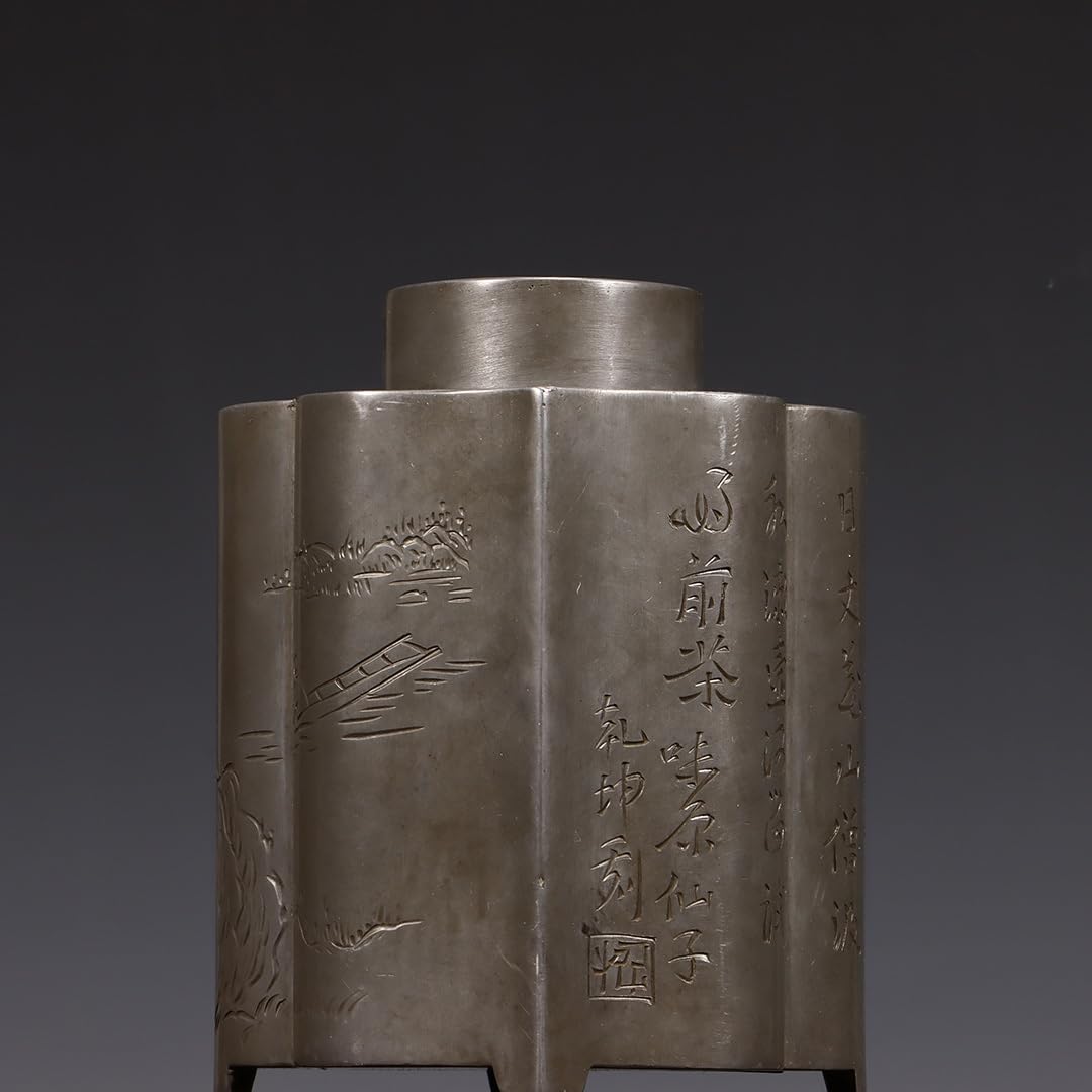 『古益会』重量920g【天下一美　造】錫制 茶葉罐 茶筒 茶入 茶道具 錫 古錫 茶葉罐 仁山刻 「錫刻鋳鉄図詩文三系耳茶心