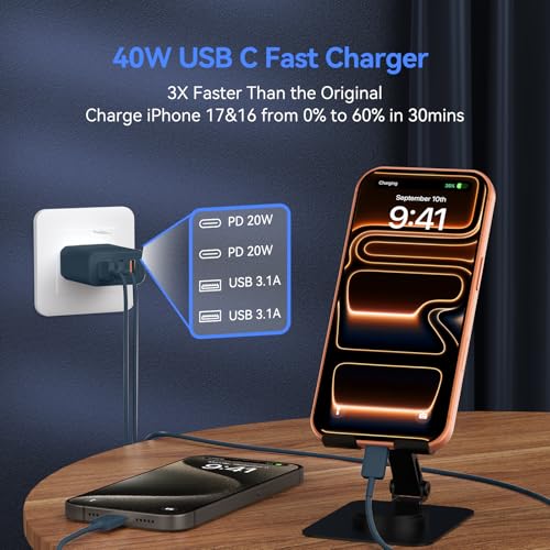 Image of USB C Wall Fast Charger Block, 40W 4-Port Type C Charger Fast Charging Blocks PD Power Charger Adapter+QC 3.0 USB Multiport Charger Brick for Phone 17 /16 /15 /14 /13 /12 Pro Max, Pad, GalaxyS25-Navy Blue
