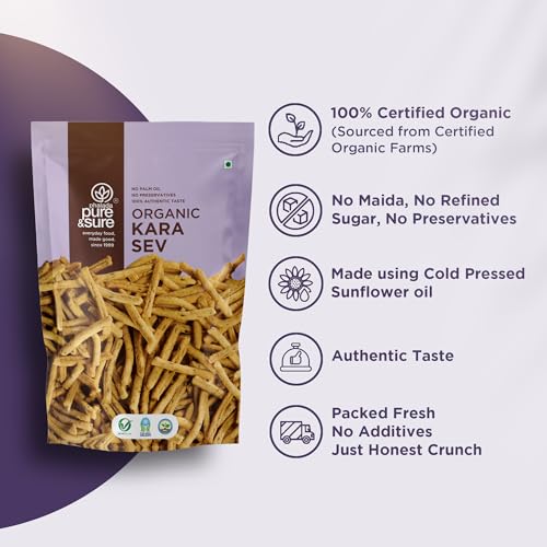 Image of Pure & Sure Organic Kara Sev 200gm| Delicious Crunchy Namkeen & Snacks | Ready to Eat Tea Time Snacks, Cholesterol Free, No Trans Fats, No Preservatives| 100gm each (Pack of 2)