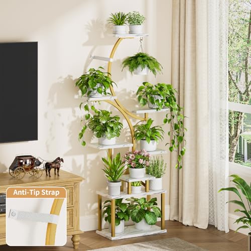 Image of Plant Stand with Grow Lights for Indoor Plants, 8-Tiered Tall Corner Plant Shelf with Full Spectrum Light, S-Shaped Space-Saving Narrow Flower Holder, Anti-Tip for Living Room Bedroom, Faux Marble