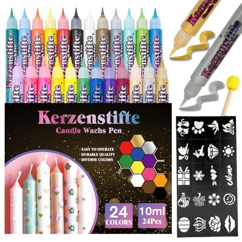 CAwished 10 ml Kerzenstifte Wachsstifte mit vorgestanzten Aufklebern und Schwammwerkzeugen Kerzen Bemalen Set ideal zum Dekorieren und Gestalten von Wachsstifte für Kerzen (24 Farben)