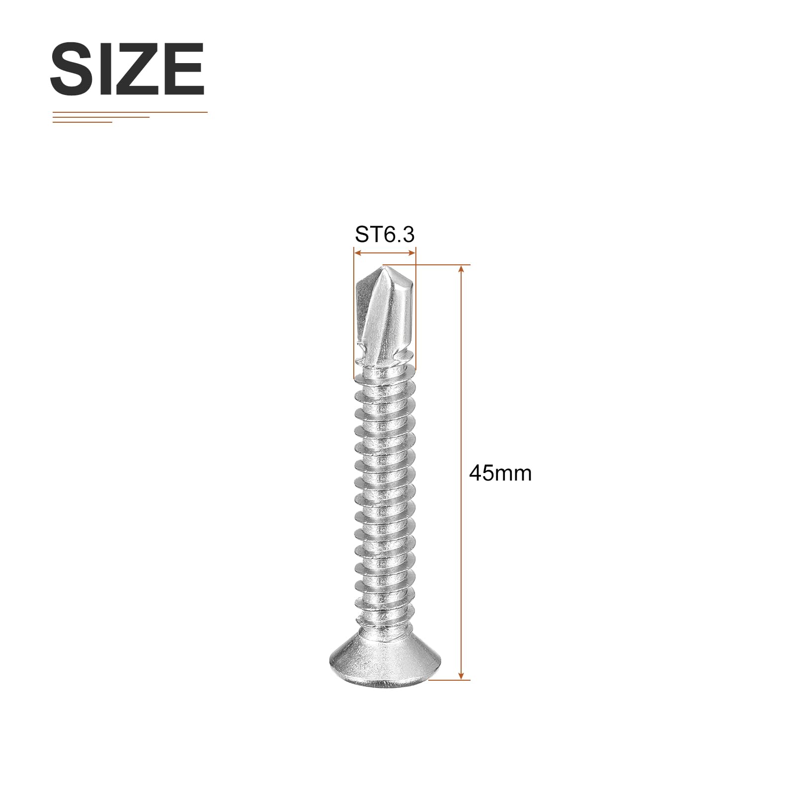 DTGN 30Pcs ST6.3x45mm Self Drilling Screws, 410 Stainless Steel Flat Head Phillips Sheet Metal Screw - Image 2