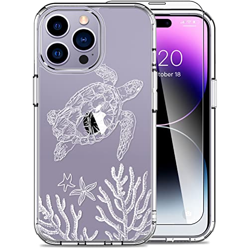 LUHOURI Designed for iPhone 14 Pro Case with Screen Protector - Crystal Acrylic Clear for Women and Girls - Slim Fit Protective Phone Cover 6.1' - Nice Sea Turtle