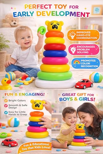 Image of Pyramid 7 Ring Stacking Toy for Babies with Bear Topper | Colorful Rainbow Rings | Educational Learning Toy for Kids 1-3 Years | Includes 1 Stacking Base, 7 Rings, 1 Bear Topper