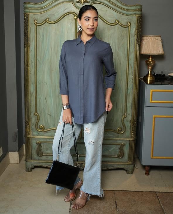 Image of Mlada Hemline Solid Shirts for Women | 3 /4 Sleeves Classic Rayon Shirt for Office Wear | Collared Neck Shirt for Girls | Regular Fit Shirts | Smart Formal Button Down Shirt for Women