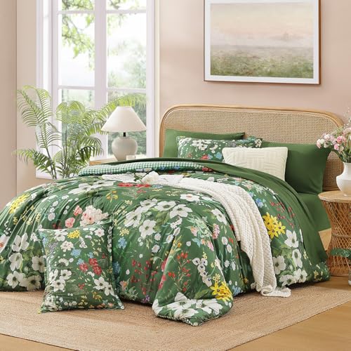 Image of Andency King Size 7 Piece Reversible Bed in a Bag - Botanical Floral & Gingham Comforter Set, Farmhouse Vintage Rustic Comforter,Forest Green