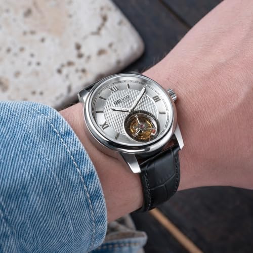 OBLVLO Men's Luxury Automatic Tourbillon Watch, Open Heart Mechanical Watch with Sapphire Crystal, Stainless Steel Case, White Dial, Genuine Leather Strap, Elegant Dress Watch — view 2