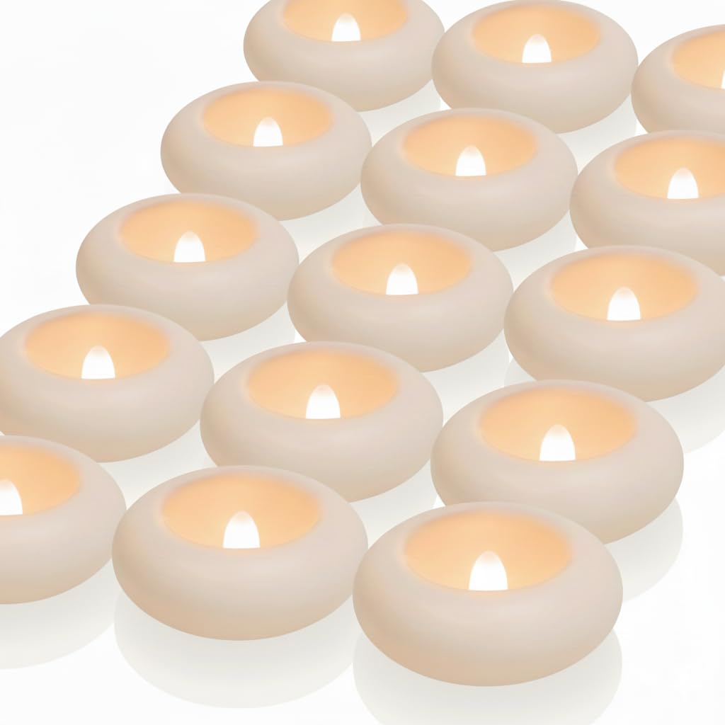 Teynewer 24 Pack Waterproof Flameless Floating Tealights, Warm White Battery Flickering LED Tea Lights Candles for Wedding, Party, Bath, Tub, Spa, Pool, Pond (D 3 inch X H 1 inch)