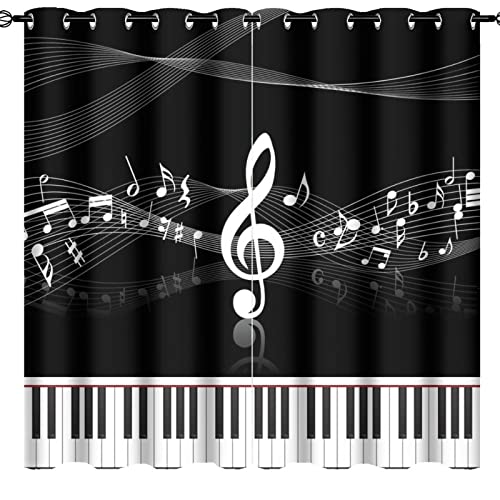 Kazynee Black & White Piano Notes Ultra Soft Premier Blackout Curtains,Abstract Modern Art Music Keyboard DecorThermal Insulated Bedroom Noise Reducing Patio Door Grommet Top,2 Panels 63L x 31.5W