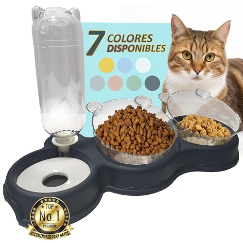 Comedero Gato - Bebedero Gatos - Transparente - Tazón Doble Ajustable - Cuenco con Soporte Elevado, Agua y Comida - Cuencos 360° y 15° de Inclinacion - Dispensador Automatico de 500ml (Blanco)