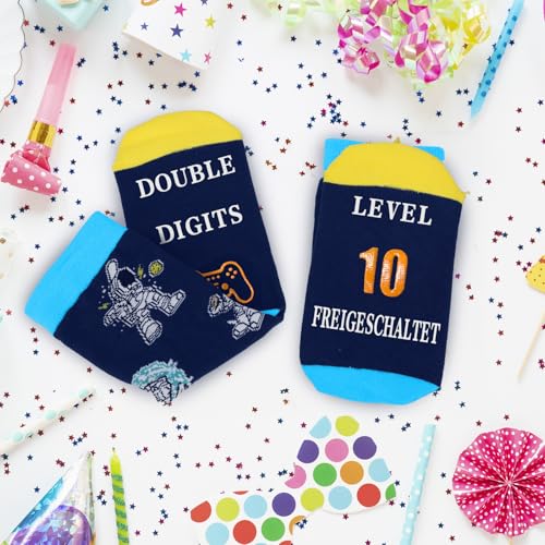 ZENO Lustige Socken Jungen – Geschenk Geburtstag 10 Jahre, Coole Socken Kinder, Gaming-Design für Jungen, Baumwolle, Größe 33-36, 'Level 10 Freigeschaltet