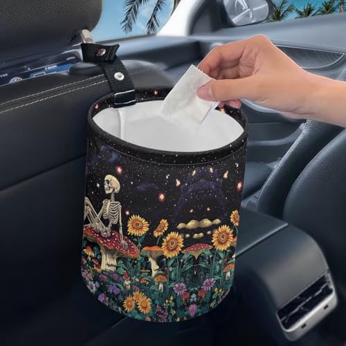 Image of Skull Mushroom Floral Car Trash Can Collapsible Trash Can Rubbish Bin Garbage Bin Decoration Car Interior Easy to Clean for Car SUV Trucks
