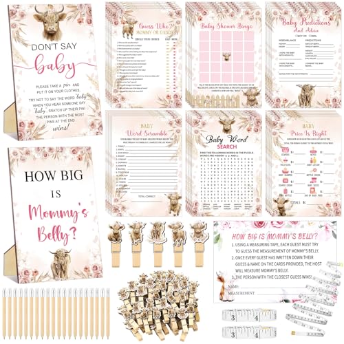 Funnymoom 426 Pcs Highland Cow Baby Shower Games Set-8 Games Includes Baby Shower Bingo Price is Right Guess Who Word Scramble Prediction and Advice How Big is Mommys Belly Dont Say the Words