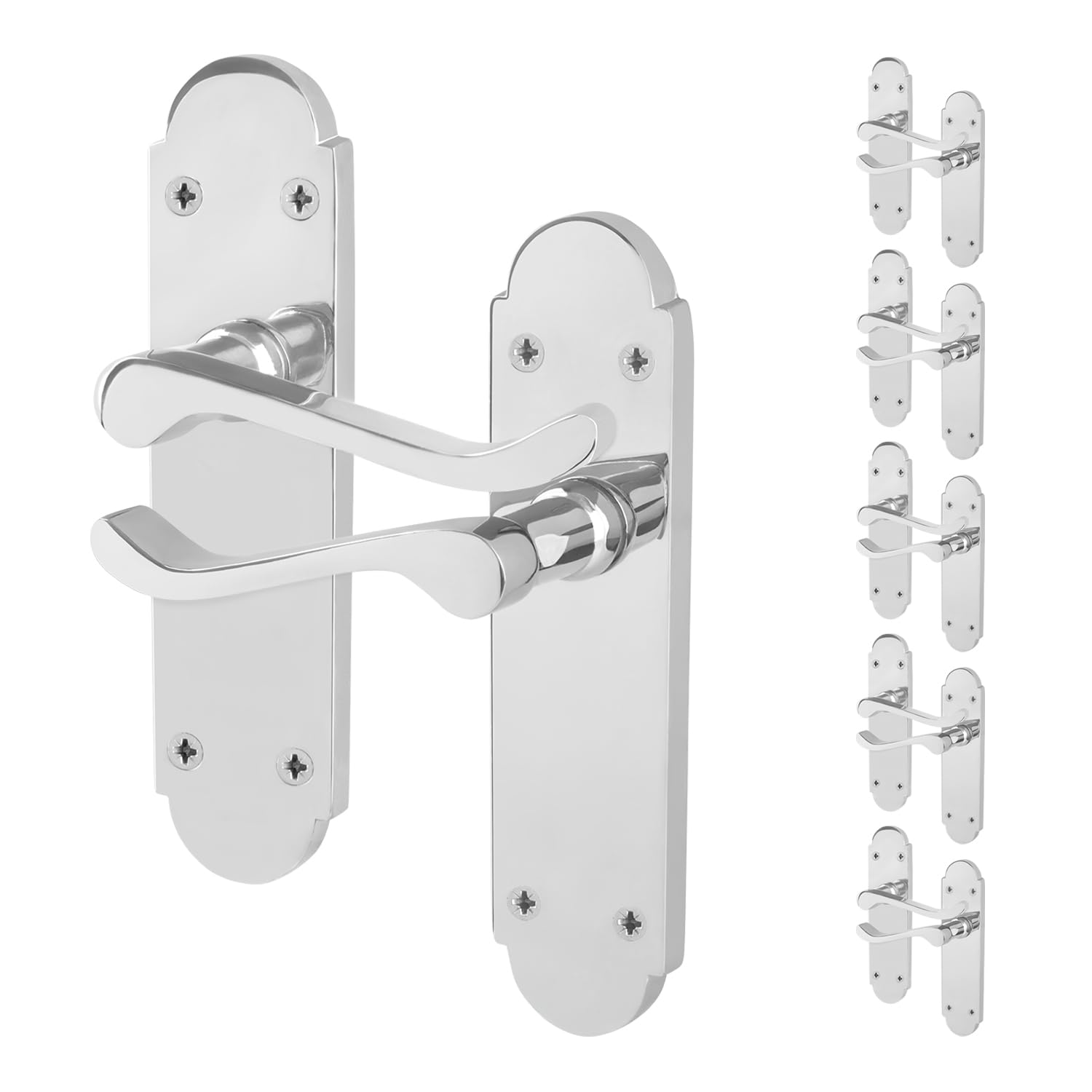 EAI Polished Chrome Door Handles, 6 Pairs on Backplate - Victorian Scroll