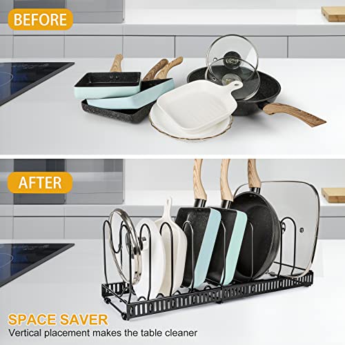Expandable Pots And Pans Organizer Rack For Cabinet【Updated】10 Dividers, Adjustable Pot Pan Lid Holder, Multi-Functional Frying Pan Drying Rack, Cutting Board Holder Rack(Black) #TOP5