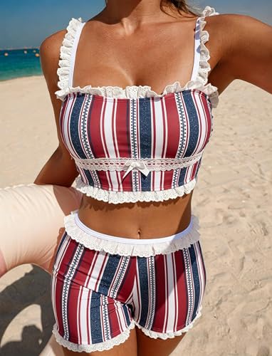Image of ZAFUL Womens High Waisted Bikini Sets 2 Piece Plaid Ruffle Swimsuits Back Strap Top with High Waisted Shorts Bathing Suit