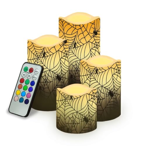 Image of Spider Web Flameless LED Candles Set of 4 | Halloween Battery Operated Candles with Remote Control, Electric Pillar Candles for Holiday Party Living Room Decorations