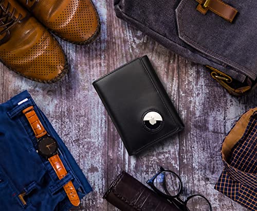 Stealth Mode Men's Leather Trifold Wallet with Airtag Holder and RFID Blocking (Black)3