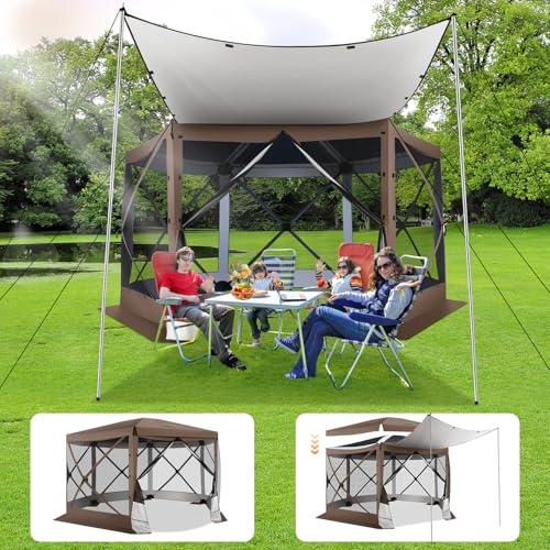 Image of COBIZI Pop Up Gazebo Screen Tent Screen House for Camping, 12x12 Screen Room with Mosquito Netting, Hub Tent Instant Screened Canopy with Carrying Bag and Ground Stakes, Brown