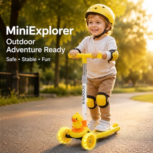 Image of MiniExplorer Zoomie Kids Kick Scooter with LED Wheels, 3 Wheel Scooter for Boys & Girls, Adjustable Height Handle, Foldable Lightweight Scooter for Kids Age 3+ Years - Duck