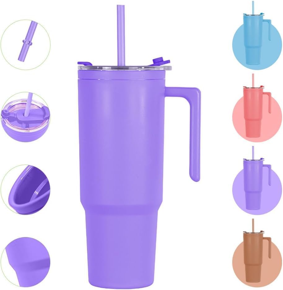 40oz Reusable Plastic Insulated Tumblers with Handle and Straw, Double Wall Tumbler with Lid, Cup Holder Friendly Travel Mug for cold drinks, sand ice, Purple - Image 9