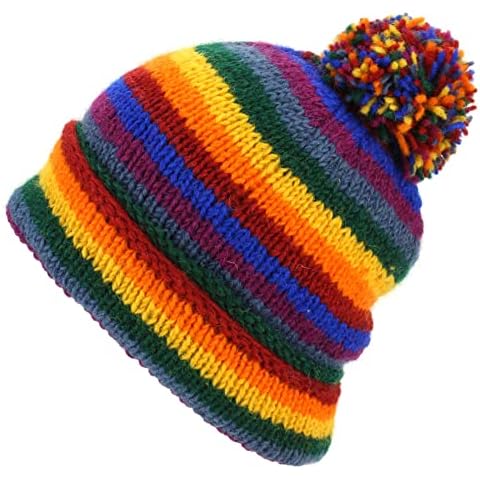 LOUDelephant Chunky Wool Knit Beanie Bobble Hat - Stripe Rainbow Cover