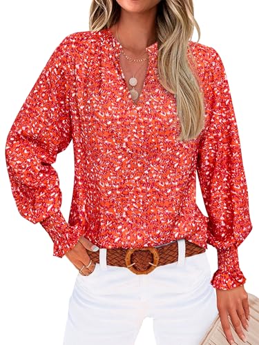 MASCOMODA Womens V Neck Floral Long Sleeve Tops 2025 Summer Casual Loose Puff Sleeve Chiffon Boho Work Blouse Dressy T Shirts
