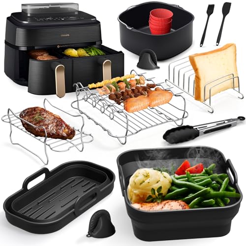 Accesorios para Freidora Aire Philips Airfryer Serie 3000 5000 9L, Molde Silicona Plegable, Molde Horno Reutilizable para Philips Dual Basket Airfryer NA350/NA550 9L