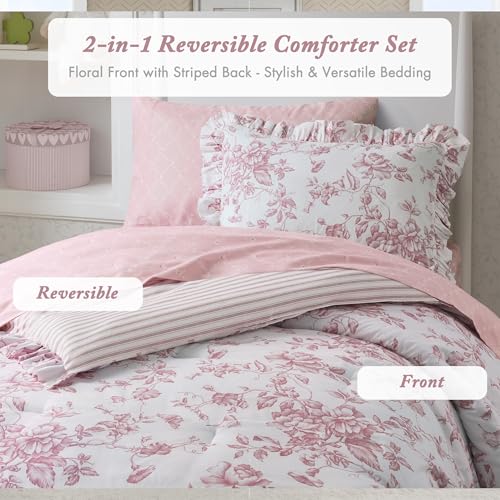 Image of Madison Park Essentials Adele Comforter Set Pink Floral Twin XL - Shabby Chic Vintage Bed in a Bag with Sheet Set, Reversible Ruffle Bedding, College Dorm Gift for Her Women Teen