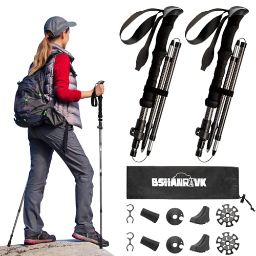 BSHANRIVK Carbon Fiber Trekking Poles - Collapsible Ultra-Light Hiking Sticks for Adults, Durable 2-Pack Walking Poles w/Quick-Lock, Portable for Mountain Hiking & Backpacking