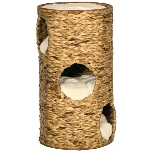 PawHut Kratztonne, 73 cm hoch Katzentonne mit 3 Höhle, Kratzbaum mit Kissen, Katzenturm aus Wasserhyazinthe, für Katze bis 3,5 kg, Hellbraun