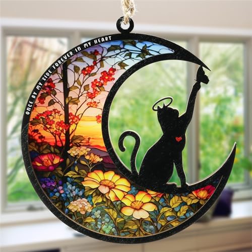 Cat Memorial Suncatcher for Windows Stained Glass,Pet Sympathy Gift to Memorialize The Loss,Unique Angel Cat Statue Suncatchers with Personalized Decorations