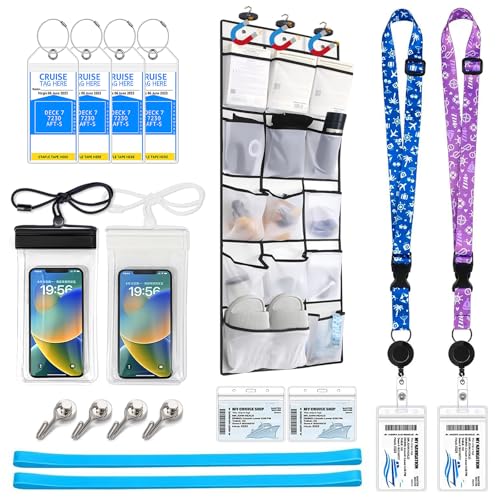 Cruise Ship Essentials 2026 - Cruise Must Haves Kit with Magnetic Door Organizer, Lanyard with ID Holder, Magnetic Hooks, Luggage Tag Set, Towel Bands, Waterproof Phone Holder - Travel Essentials
