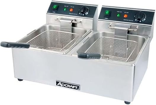 Adcraft Double Tank Deep Fryer with Faucet, 12 Liter, Heavy-Duty with Thermostatic Controls, NSF Certified, 120V, 30 lb. Capacity, Stainless Steel