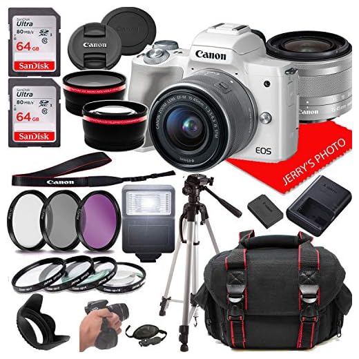 Canon EOS M50 (White) Mirrorless Camera Kit w/EF-M15-45mm and 4K Video + Case + 128GB Memory (25pc Bundle)