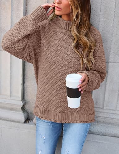 ZESICA Women's 2024 Turtleneck Batwing Sleeve Loose Oversized Chunky Knitted Pullover Sweater Jumper Tops,Khaki,Medium