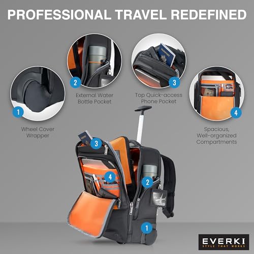 EVERKI 123 Wheeled Laptop Backpack - For 15.6” Laptop & 16” MacBook, Rolling Back Pack for Men & Women, Carry On Travel Backpack with Replaceable Wheels, Rolling Work Bag for Business Professional3