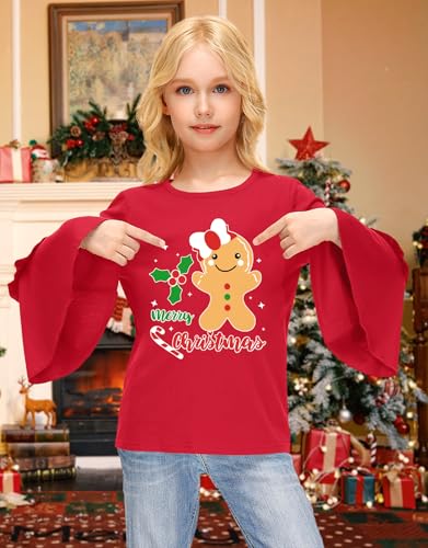 Image of BesserBay Girls Christmas Long Bell Sleeve Ruffle Tunic Top 4-12 Years