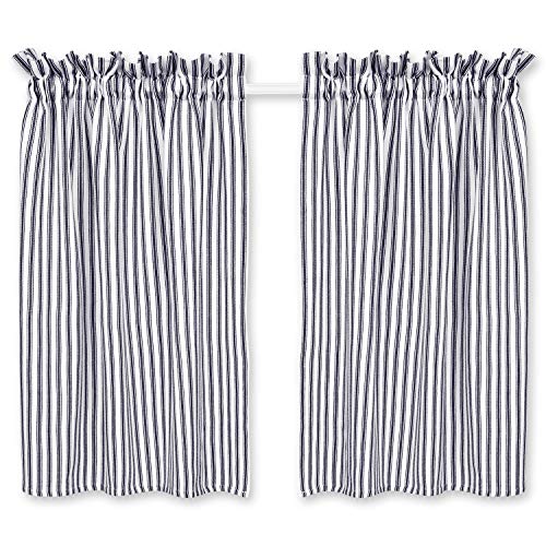 Cackleberry Home Navy Blue and White Ticking Stripe Cafe Curtains